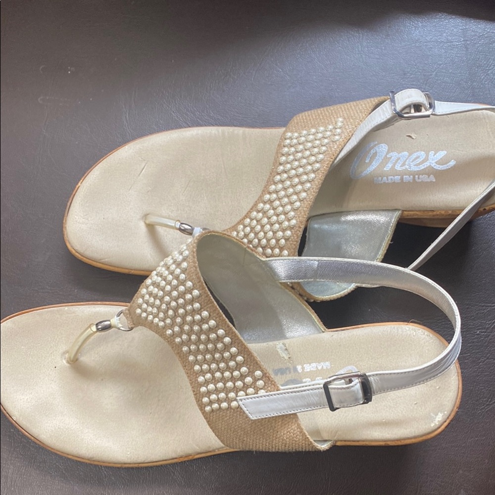 Onex Silver and Cream Sandals with Rhinestone Accents